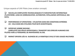  NOUVELLES COMPLEXITÉS TECHNOLOGIQUES ET D'ARCHITECTURE INFORMATIQUE
(PLATEFORME, LIENS DE COMMUNICATION, AUTOMATION, INTELLIGENCE ARTIFICIELLE, BIG
DATA)
 PERFORMANCE ET OPERATIONS : UTILISATION DANS DES CONDITIONS EXTRÈMES
(EX : VOLS DANS DES CYCLONES POUR BUTS SCIENTIFIQUES)
 INTERFACE HOMME MACHINE :
COMPLEXITÉ DES RÔLES OPERATIONELS, TRANSFERT DES ERREURS HUMAINES DES
PILOTES VERS LE PERSONNEL DE MAINTENANCE AU SOL
 MARKET DRIVERS LIÉS AU BUSINESS DE LA ROBOTIQUE CIVILE ET DES USAGES MILITAIRES
Unique aspects of UAV Risks (new aviation concept)
 