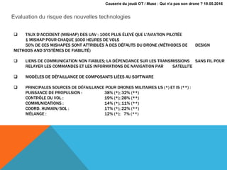  TAUX D'ACCIDENT (MISHAP) DES UAV : 100X PLUS ÉLEVÉ QUE L'AVIATION PILOTÉE
1 MISHAP POUR CHAQUE 1000 HEURES DE VOLS
50% DE CES MISHAPES SONT ATTRIBUÉS À DES DÉFAUTS DU DRONE (MÉTHODES DE DESIGN
METHODS AND SYSTÈMES DE FIABILITÉ)
 LIENS DE COMMUNICATION NON FIABLES; LA DÉPENDANCE SUR LES TRANSMISSIONS SANS FIL POUR
RELAYER LES COMMANDES ET LES INFORMATIONS DE NAVIGATION PAR SATELLITE
 MODÈLES DE DÉFAILLANCE DE COMPOSANTS LIÉES AU SOFTWARE
 PRINCIPALES SOURCES DE DÉFAILLANCE POUR DRONES MILITAIRES US (*) ET IS (**) :
PUISSANCE DE PROPULSION : 38% (*); 32% (**)
CONTRÔLE DU VOL : 19% (*); 28% (**)
COMMUNICATIONS : 14% (*); 11% (**)
COORD. HUMAIN/SOL : 17% (*); 22% (**)
MÉLANGE : 12% (*); 7% (**)
Evaluation du risque des nouvelles technologies
 