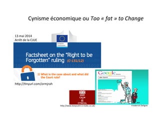 Cynisme	
  économique	
  ou	
  Too	
  «	
  fat	
  »	
  to	
  Change	
  
hUp://;nyurl.com/ormjrah	
  
Frederick	
  Deligne	
  hUp://www.keepcalm-­‐o-­‐ma;c.co.uk/	
  
13	
  mai	
  2014	
  
Arrêt	
  de	
  la	
  CJUE	
  
 