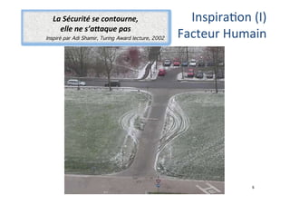 6	
  
	
  
La	
  Sécurité	
  se	
  contourne,	
  
elle	
  ne	
  s’a2aque	
  pas	
  
Inspiré par Adi Shamir, Turing Award lecture, 2002
	
  
	
  
	
  
	
  
	
  
	
  	
  
	
  
Inspira;on	
  (I)	
  
Facteur	
  Humain	
  	
  
 