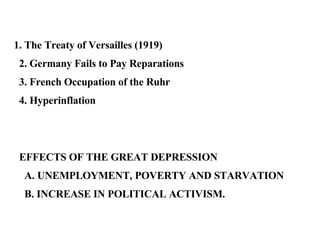1. The Treaty of Versailles (1919)    2. Germany Fails to Pay Reparations    3. French Occupation of the Ruhr    4. Hyperinflation EFFECTS OF THE GREAT DEPRESSION    A. UNEMPLOYMENT, POVERTY AND STARVATION B. INCREASE IN POLITICAL ACTIVISM. 