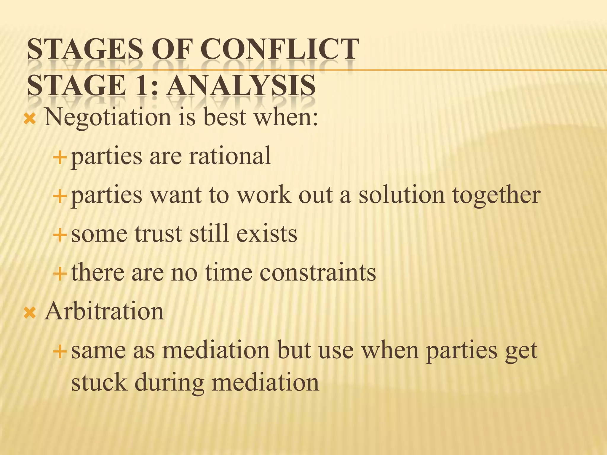 STAGES OF CONFLICT
STAGE 1: ANALYSIS
Negotiation is best when:
 parties are rational
 parties want to work out a solution together
 some trust still exists
 there are no time constraints
 Arbitration
 same as mediation but use when parties get
stuck during mediation


 
