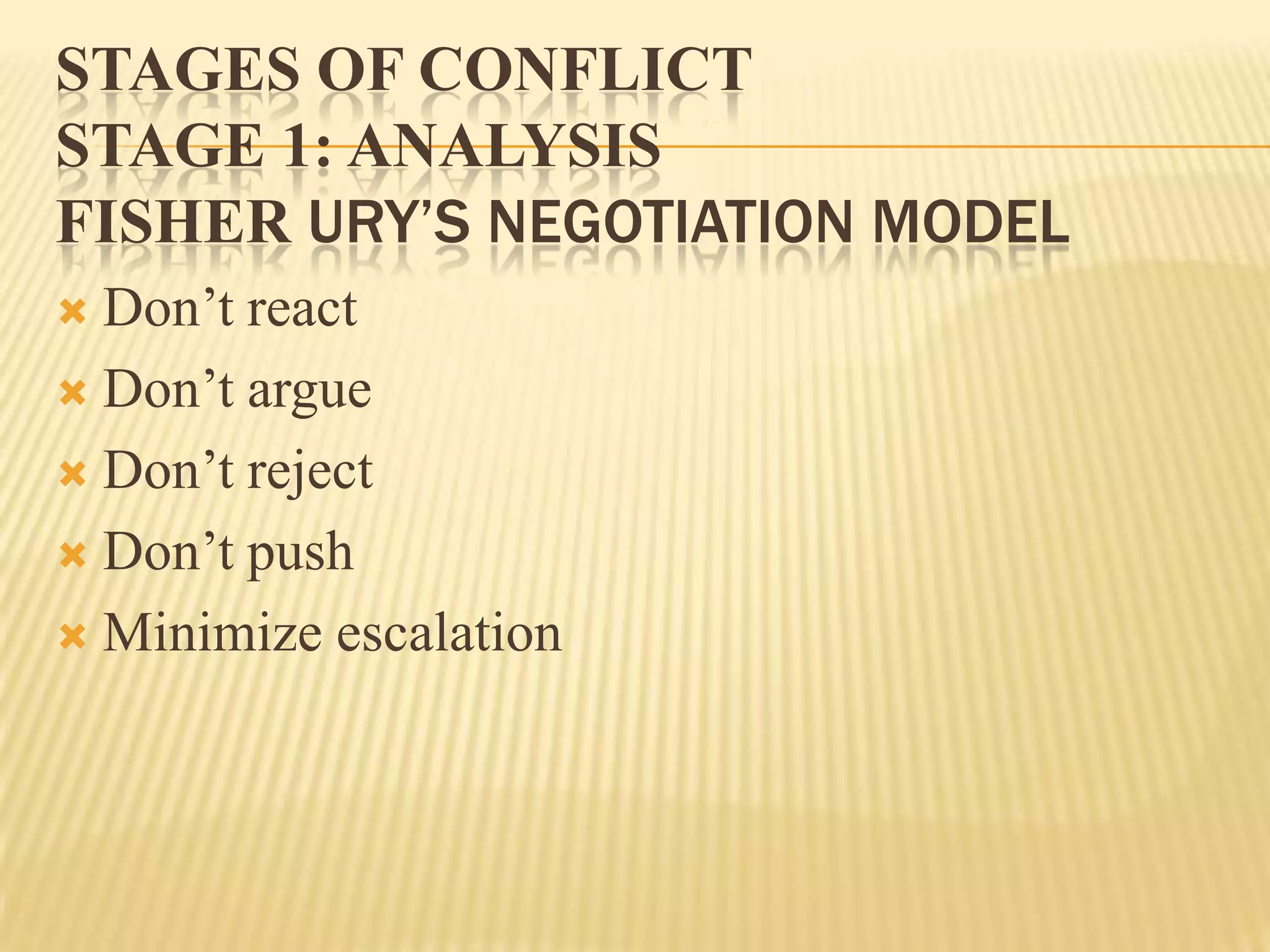 STAGES OF CONFLICT
STAGE 1: ANALYSIS
FISHER URY’S NEGOTIATION MODEL
Don’t react
 Don’t argue
 Don’t reject
 Don’t push
 Minimize escalation


 