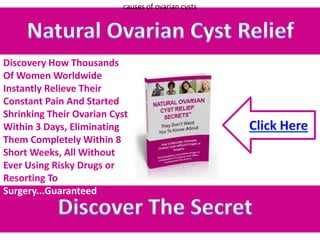 causes of ovarian cysts Natural Ovarian Cyst Relief Discovery How Thousands Of Women Worldwide Instantly Relieve Their Constant Pain And Started Shrinking Their Ovarian Cyst Within 3 Days, Eliminating Them Completely Within 8 Short Weeks, All Without Ever Using Risky Drugs or Resorting To Surgery...Guaranteed!  Click Here Discover The Secret  