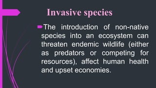 Invasive species
The introduction of non-native
species into an ecosystem can
threaten endemic wildlife (either
as predators or competing for
resources), affect human health
and upset economies.
 
