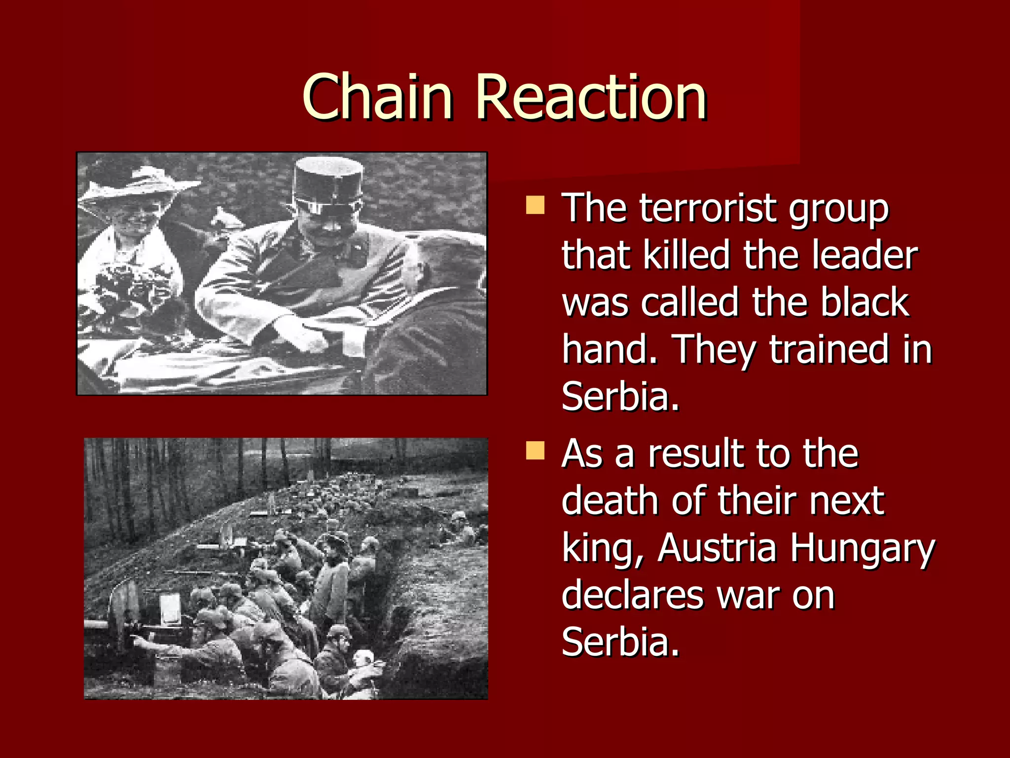 Chain Reaction The terrorist group that killed the leader was called the black hand. They trained in Serbia.  As a result to the death of their next king, Austria Hungary declares war on Serbia.  