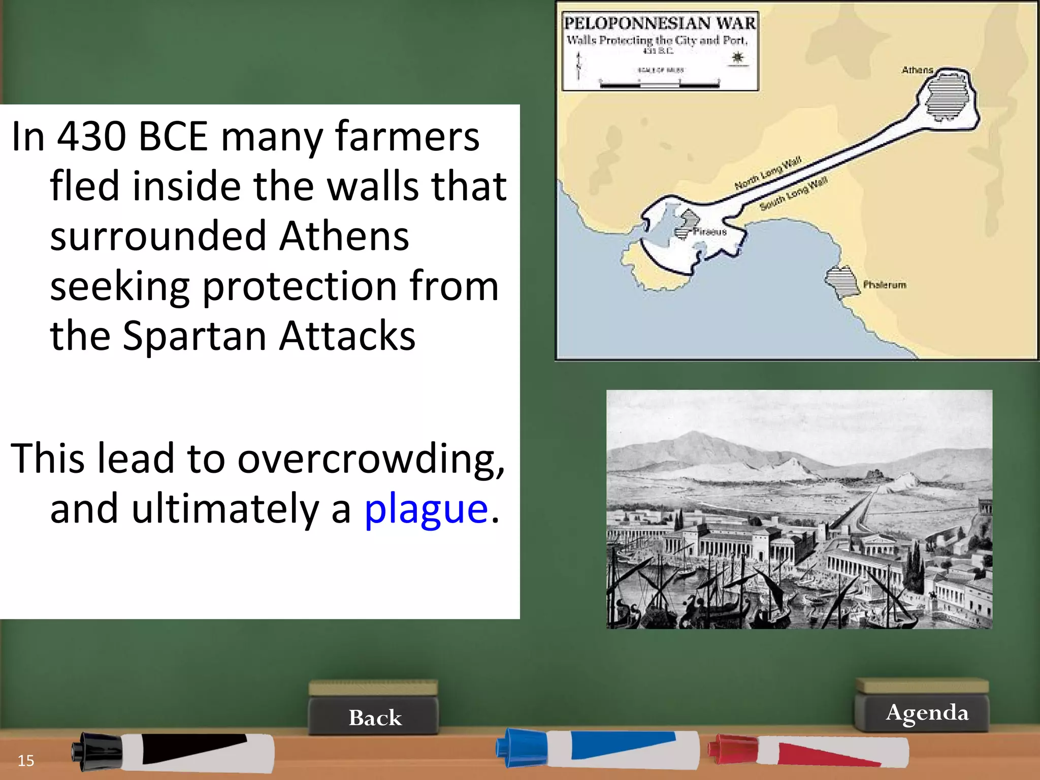 15
AgendaBack
In 430 BCE many farmers
fled inside the walls that
surrounded Athens
seeking protection from
the Spartan Attacks
This lead to overcrowding,
and ultimately a plague.
 