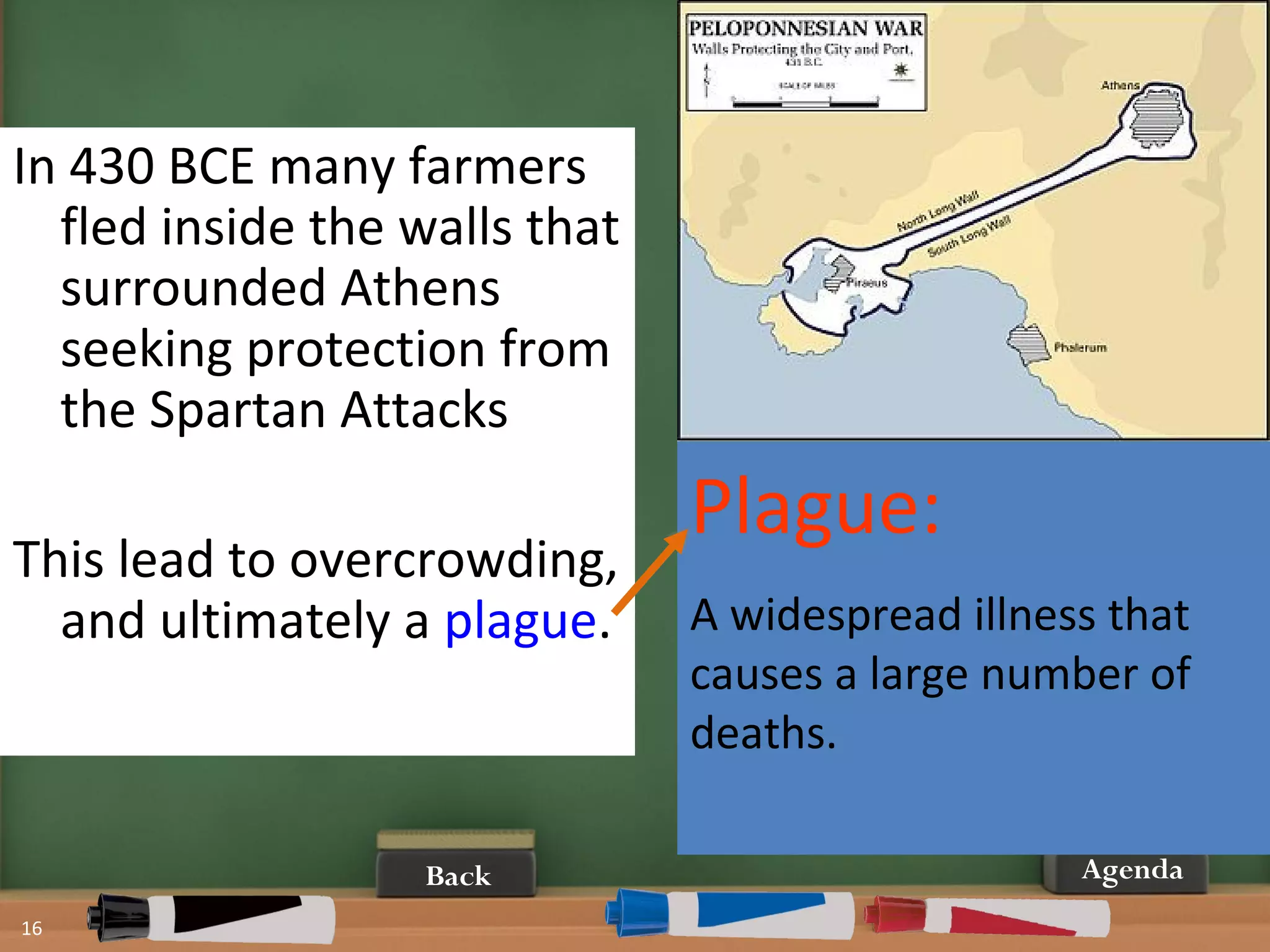 16
AgendaBack
In 430 BCE many farmers
fled inside the walls that
surrounded Athens
seeking protection from
the Spartan Attacks
This lead to overcrowding,
and ultimately a plague.
Plague:
A widespread illness that
causes a large number of
deaths.
 