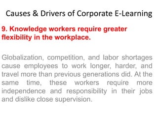 Causes & Drivers of Corporate E-Learning 
9. Knowledge workers require greater 
flexibility in the workplace. 
Globalization, competition, and labor shortages 
cause employees to work longer, harder, and 
travel more than previous generations did. At the 
same time, these workers require more 
independence and responsibility in their jobs 
and dislike close supervision. 
 