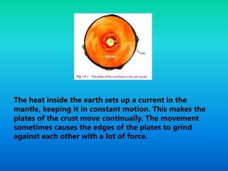The heat inside the earth sets up a current in the
mantle, keeping it in constant motion. This makes the
plates of the crust move continually. The movement
sometimes causes the edges of the plates to grind
against each other with a lot of force.
 