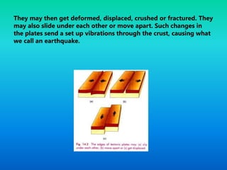 They may then get deformed, displaced, crushed or fractured. They
may also slide under each other or move apart. Such changes in
the plates send a set up vibrations through the crust, causing what
we call an earthquake.
 