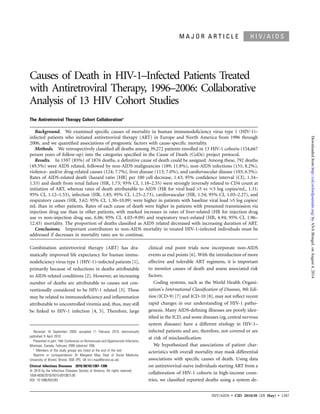 HIV/AIDS • CID 2010:50 (15 May) • 1387
H I V / A I D SM A J O R A R T I C L E
Causes of Death in HIV-1–Infected Patients Treated
with Antiretroviral Therapy, 1996–2006: Collaborative
Analysis of 13 HIV Cohort Studies
The Antiretroviral Therapy Cohort Collaborationa
Background. We examined speciﬁc causes of mortality in human immunodeﬁciency virus type 1 (HIV-1)–
infected patients who initiated antiretroviral therapy (ART) in Europe and North America from 1996 through
2006, and we quantiﬁed associations of prognostic factors with cause-speciﬁc mortality.
Methods. We retrospectively classiﬁed all deaths among 39,272 patients enrolled in 13 HIV-1 cohorts (154,667
person years of follow-up) into the categories speciﬁed in the Cause of Death (CoDe) project protocol.
Results. In 1597 (85%) of 1876 deaths, a deﬁnitive cause of death could be assigned. Among these, 792 deaths
(49.5%) were AIDS related, followed by non-AIDS malignancies (189; 11.8%), non-AIDS infections (131; 8.2%),
violence- and/or drug-related causes (124; 7.7%), liver disease (113; 7.0%), and cardiovascular disease (103; 6.5%).
Rates of AIDS-related death (hazard ratio [HR] per 100 cell decrease, 1.43; 95% conﬁdence interval [CI], 1.34–
1.53) and death from renal failure (HR, 1.73; 95% CI, 1.18–2.55) were strongly inversely related to CD4 count at
initiation of ART, whereas rates of death attributable to AIDS (HR for viral load 15 vs р5 log copies/mL, 1.31;
95% CI, 1.12–1.53), infection (HR, 1.85; 95% CI, 1.25–2.73), cardiovascular (HR, 1.54; 95% CI, 1.05–2.27), and
respiratory causes (HR, 3.62; 95% CI, 1.30–10.09) were higher in patients with baseline viral load 15 log copies/
mL than in other patients. Rates of each cause of death were higher in patients with presumed transmission via
injection drug use than in other patients, with marked increases in rates of liver-related (HR for injection drug
use vs non–injection drug use, 6.06; 95% CI, 4.03–9.09) and respiratory tract–related (HR, 4.94; 95% CI, 1.96–
12.45) mortality. The proportion of deaths classiﬁed as AIDS related decreased with increasing duration of ART.
Conclusions. Important contributors to non-AIDS mortality in treated HIV-1–infected individuals must be
addressed if decreases in mortality rates are to continue.
Combination antiretroviral therapy (ART) has dra-
matically improved life expectancy for human immu-
nodeﬁciency virus type 1 (HIV-1)–infected patients [1],
primarily because of reductions in deaths attributable
to AIDS-related conditions [2]. However, an increasing
number of deaths are attributable to causes not con-
ventionally considered to be HIV-1 related [3]. These
may be related to immunodeﬁciency and inﬂammation
attributable to uncontrolled viremia and, thus, may still
be linked to HIV-1 infection [4, 5]. Therefore, large
Received 16 September 2009; accepted 11 February 2010; electronically
published 9 April 2010.
Presented in part: 16th Conference on Retroviruses and Opportunistic Infections,
Montreal, Canada, February 2009 (abstract 708).
a
Members of the study groups are listed at the end of the text.
Reprints or correspondence: Dr Margaret May, Dept of Social Medicine,
University of Bristol, Bristol, BS8 2PS, UK (m.t.may@bristol.ac.uk).
Clinical Infectious Diseases 2010;50(10):1387–1396
ᮊ 2010 by the Infectious Diseases Society of America. All rights reserved.
1058-4838/2010/5010-0010$15.00
DOI: 10.1086/652283
clinical end point trials now incorporate non-AIDS
events as end points [6]. With the introduction of more
effective and tolerable ART regimens, it is important
to monitor causes of death and assess associated risk
factors.
Coding systems, such as the World Health Organi-
zation’s International Classiﬁcation of Diseases, 9th Edi-
tion (ICD-9) [7] and ICD-10 [8], may not reﬂect recent
rapid changes in our understanding of HIV-1 patho-
genesis. Many AIDS-deﬁning illnesses are poorly iden-
tiﬁed in the ICD, and some diseases (eg, central nervous
system diseases) have a different etiology in HIV-1–
infected patients and are, therefore, not covered or are
at risk of misclassiﬁcation.
We hypothesized that associations of patient char-
acteristics with overall mortality may mask differential
associations with speciﬁc causes of death. Using data
on antiretroviral-naive individuals starting ART from a
collaboration of HIV-1 cohorts in high-income coun-
tries, we classiﬁed reported deaths using a system de-
byANABringeLonAugust4,2014http://cid.oxfordjournals.org/Downloadedfrom
 