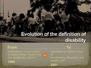 3Evolution of the definition of disabilityFrom International Classification of Impairments, Disabilities and Handicaps (ICIDH)1980To International Classification of Functioning, Disability, and Health (ICF) 2001