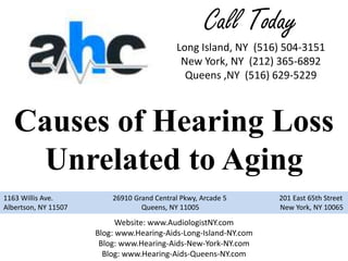 Call Today
                                             Long Island, NY (516) 504-3151
                                              New York, NY (212) 365-6892
                                               Queens ,NY (516) 629-5229



   Causes of Hearing Loss
    Unrelated to Aging
1163 Willis Ave.          26910 Grand Central Pkwy, Arcade 5      201 East 65th Street
Albertson, NY 11507               Queens, NY 11005                New York, NY 10065

                            Website: www.AudiologistNY.com
                      Blog: www.Hearing-Aids-Long-Island-NY.com
                       Blog: www.Hearing-Aids-New-York-NY.com
                        Blog: www.Hearing-Aids-Queens-NY.com
 