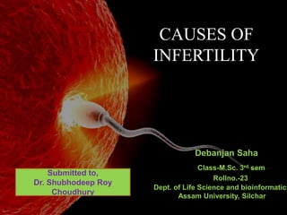 CAUSES OF
INFERTILITY
Dept. of Life Science and bioinformatics
Assam University, Silchar
Debanjan Saha
Class-M.Sc. 3rd sem
Rollno.-23
Submitted to,
Dr. Shubhodeep Roy
Choudhury
 
