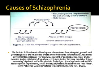     The Path to Schizophrenia -The diagram above shows how biological, genetic and
     prenatal factors are believed to create a vulnerability to schizophrenia. Additional
       envronmental exposures (for example, frequent or ongoing social stress and/or
    isolation during childhood, drug abuse, etc.) then further increase the risk or trigger
     the onset of psychosis and schizophrenia. Early signs of schizophrenia risk include
    neurocognitive impairments, social anxiety (shyness) and isolation and "odd ideas".
            (note: "abuse of DA drugs" referes to dopamine affecting (DA) drugs).
 