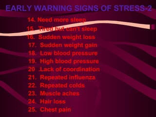 EARLY WARNING SIGNS OF STRESS-2     14.   Need more sleep 15.  Tired but can't sleep     16.  Sudden weight loss       17.  Sudden weight gain       18.  Low blood pressure       19.  High blood pressure       20  .Lack of coordination       21.  Repeated influenza       22.  Repeated colds       23.  Muscle aches       24.  Hair loss 25.  Chest pain 
