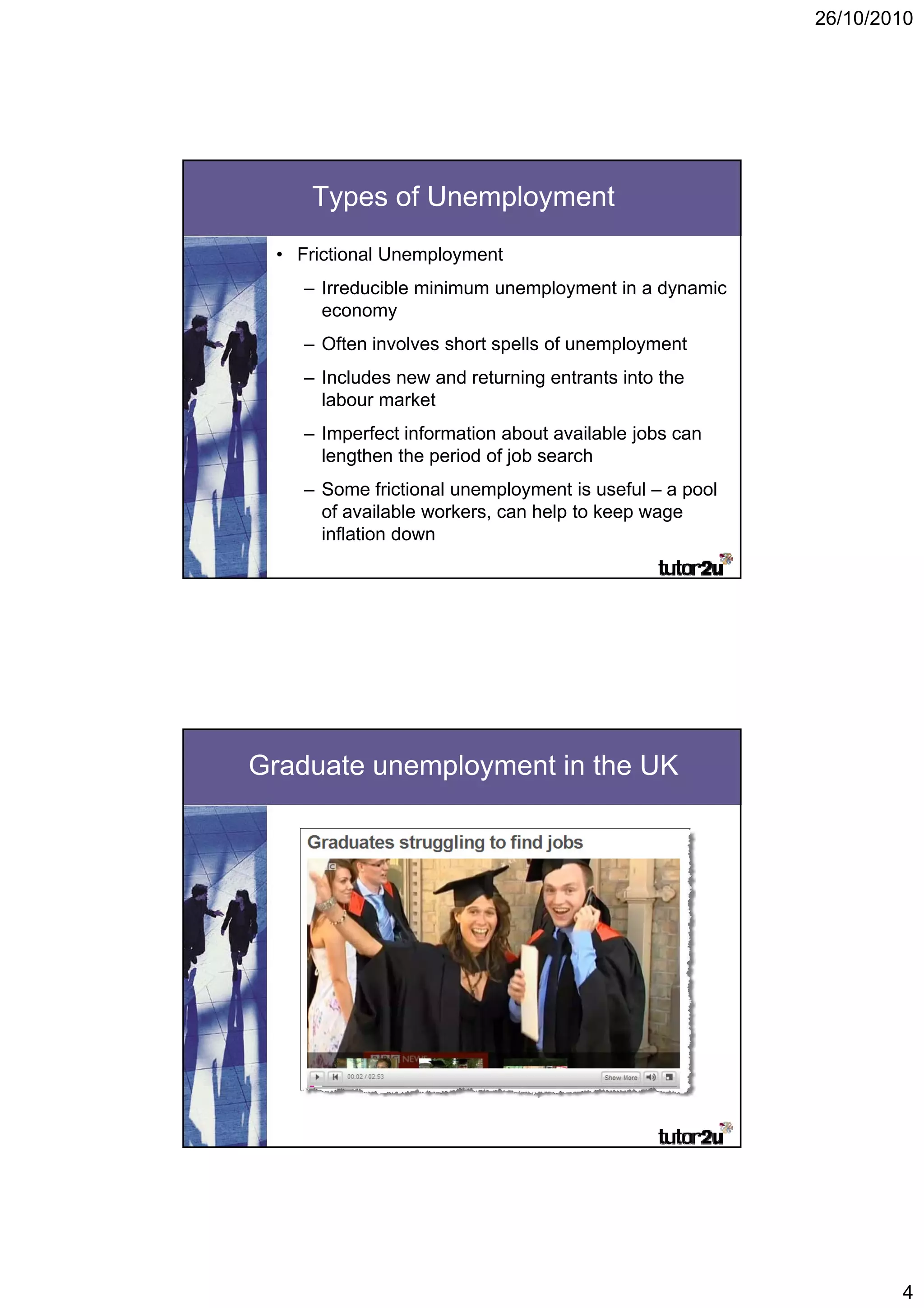 26/10/2010




     Types of Unemployment
  • Frictional Unemployment
     – Irreducible minimum unemployment in a dynamic
       economy
     – Often involves short spells of unemployment
     – Includes new and returning entrants into the
       labour market
     – Imperfect information about available jobs can
       lengthen the period of job search
     – Some frictional unemployment is useful – a pool
       of available workers, can help to keep wage
       inflation down




Graduate unemployment in the UK




                                                                 4
 