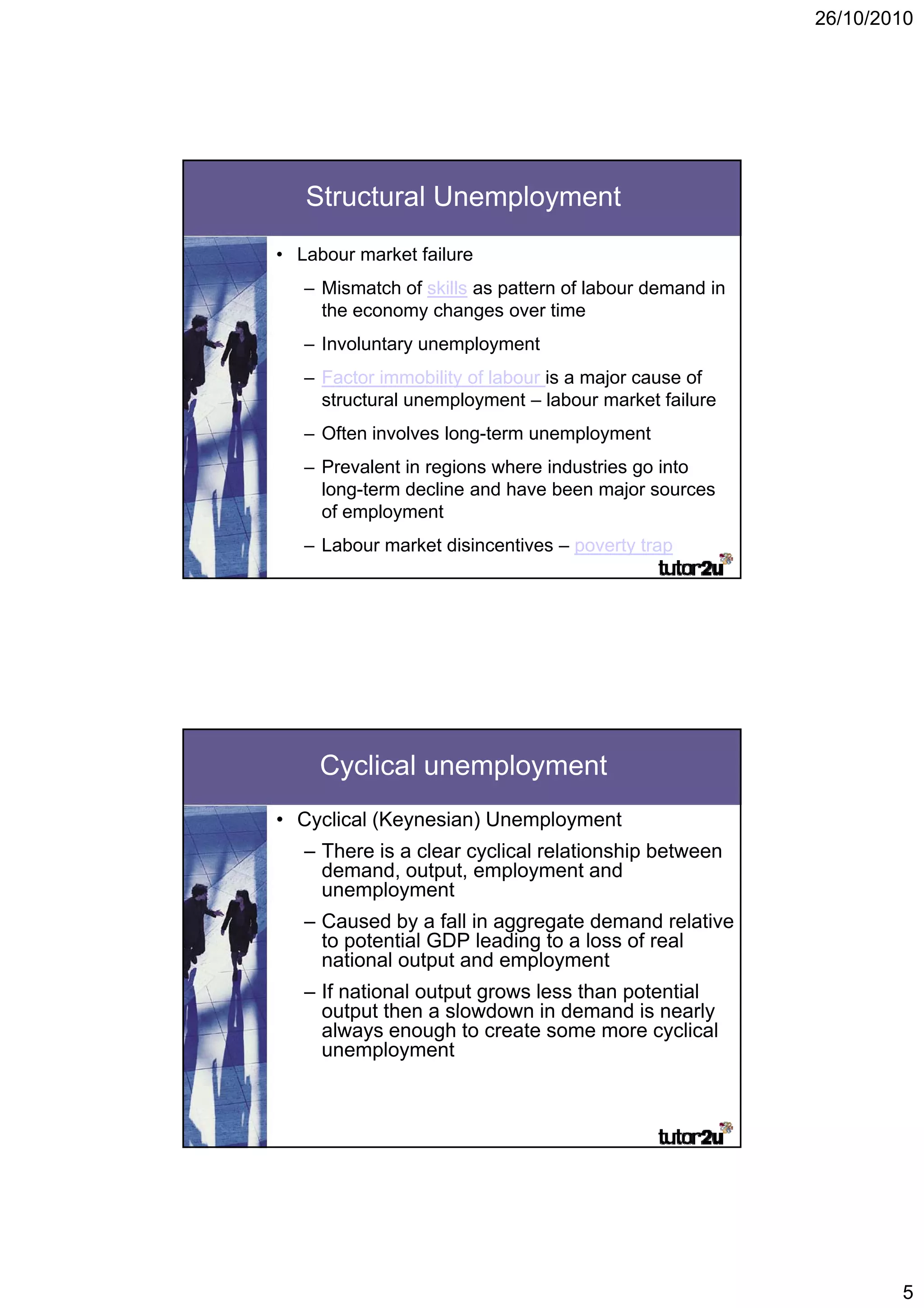 26/10/2010




   Structural Unemployment
• Labour market failure
   – Mismatch of skills as pattern of labour demand in
     the economy changes over time
   – Involuntary unemployment
   – Factor immobility of labour is a major cause of
     structural unemployment – labour market failure
   – Often involves long-term unemployment
                    long term
   – Prevalent in regions where industries go into
     long-term decline and have been major sources
     of employment
   – Labour market disincentives – poverty trap




     Cyclical unemployment
• Cyclical (Keynesian) Unemployment
   – There is a clear cyclical relationship between
     demand, output,
     demand output employment and
     unemployment
   – Caused by a fall in aggregate demand relative
     to potential GDP leading to a loss of real
     national output and employment
   – If national output grows less than potential
     output then a slowdown in demand is nearly
     always enough to create some more cyclical
     unemployment




                                                                 5
 