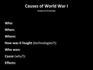 Causes of World War I Background Knowledge Who: When: Where: How was it fought  (technologies?) : Who won: Cause  (why?) : Effects: 