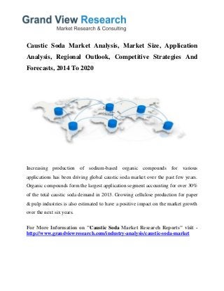 Caustic Soda Market Analysis, Market Size, Application
Analysis, Regional Outlook, Competitive Strategies And
Forecasts, 2014 To 2020
Increasing production of sodium-based organic compounds for various
applications has been driving global caustic soda market over the past few years.
Organic compounds form the largest application segment accounting for over 30%
of the total caustic soda demand in 2013. Growing cellulose production for paper
& pulp industries is also estimated to have a positive impact on the market growth
over the next six years.
For More Information on "Caustic Soda Market Research Reports" visit -
http://www.grandviewresearch.com/industry-analysis/caustic-soda-market
 