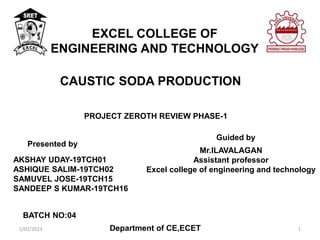 1/02/2023 1
CAUSTIC SODA PRODUCTION
PROJECT ZEROTH REVIEW PHASE-1
Presented by
AKSHAY UDAY-19TCH01
ASHIQUE SALIM-19TCH02
SAMUVEL JOSE-19TCH15
SANDEEP S KUMAR-19TCH16
BATCH NO:04
Guided by
Mr.ILAVALAGAN
Assistant professor
Excel college of engineering and technology
Department of CE,ECET
EXCEL COLLEGE OF
ENGINEERING AND TECHNOLOGY
 