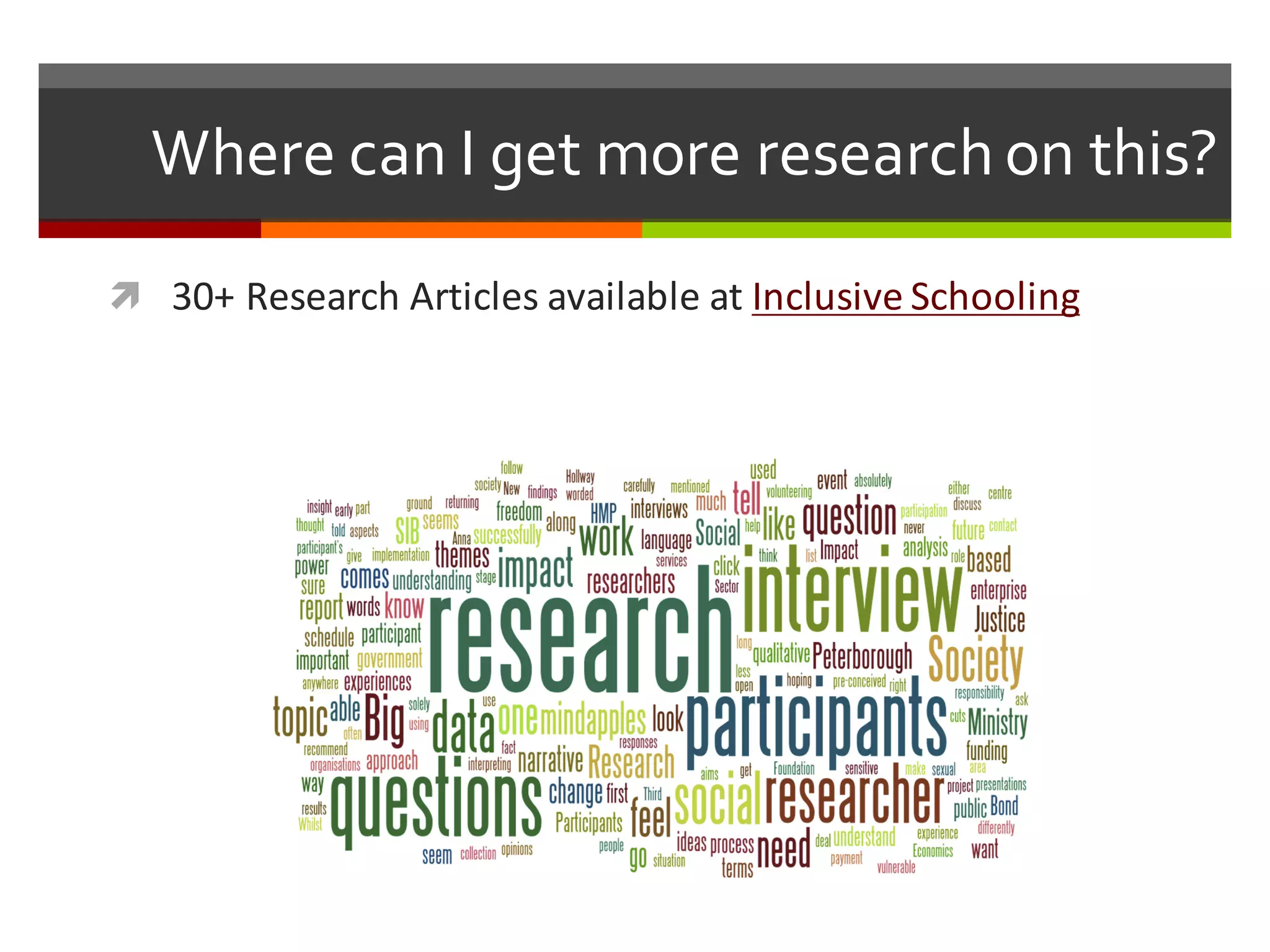 Where  can  I  get  more  research  on  this?
ì 30+	
  Research	
  Articles	
  available	
  at	
  Inclusive	
  Schooling	
  
 