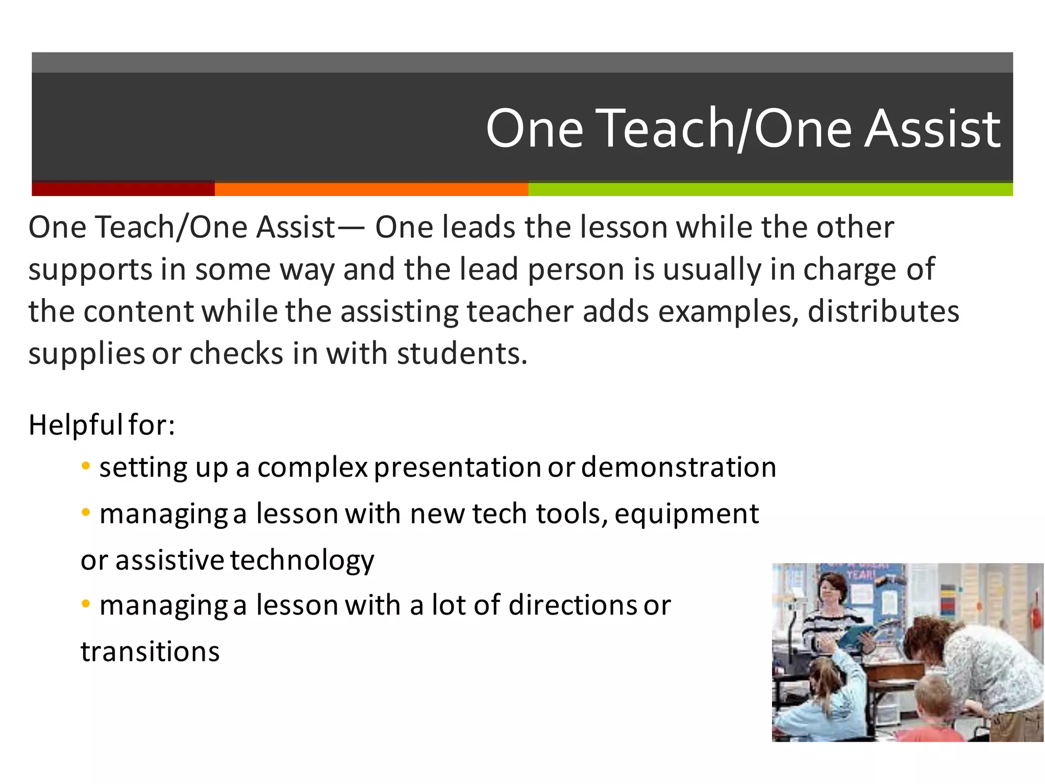 One  Teach/One  Assist
One	
  Teach/One	
  Assist— One	
  leads	
  the	
  lesson	
  while	
  the	
  other	
  
supports	
  in	
  some	
  way	
  and	
  the	
  lead	
  person	
  is	
  usually	
  in	
  charge	
  of	
  
the	
  content	
  while	
  the	
  assisting	
  teacher	
  adds	
  examples,	
  distributes	
  
supplies	
  or	
  checks	
  in	
  with	
  students.	
  
Helpful	
  for:
• setting	
  up	
  a	
  complex	
  presentation	
  or	
  demonstration	
  
• managing	
  a	
  lesson	
  with	
  new	
  tech	
  tools,	
  equipment	
  
or	
  assistive	
  technology	
  
• managing	
  a	
  lesson	
  with	
  a	
  lot	
  of	
  directions	
  or	
  
transitions	
  
 