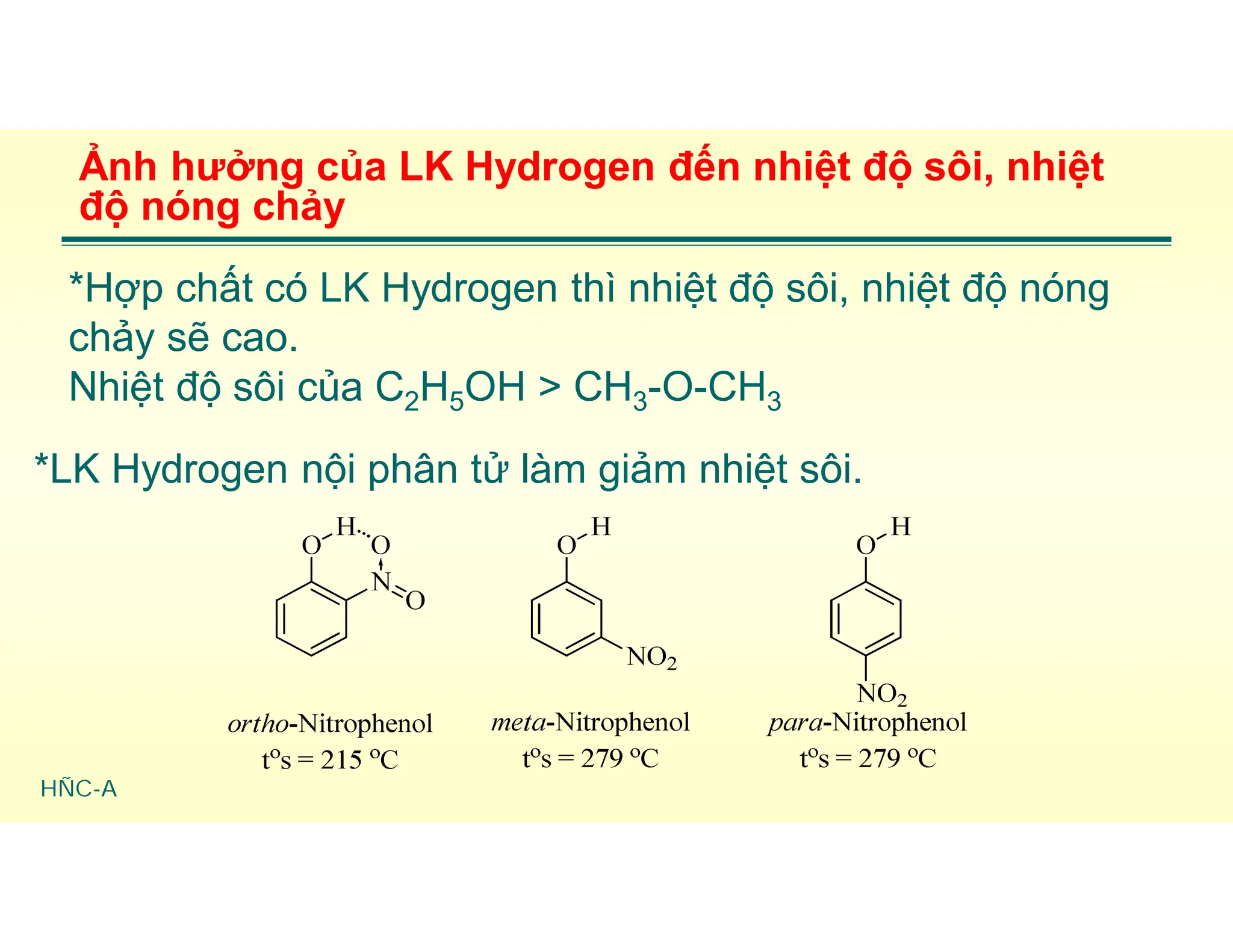 HÑC-A
Ảnh hưởng của LK Hydrogen đến nhiệt độ sôi, nhiệt
độ nóng chảy
*Hợp chất có LK Hydrogen thì nhiệt độ sôi, nhiệt độ nóng
chảy sẽ cao.
Nhiệt độ sôi của C2H5OH > CH3-O-CH3
*LK Hydrogen nội phân tử làm giảm nhiệt sôi.
 