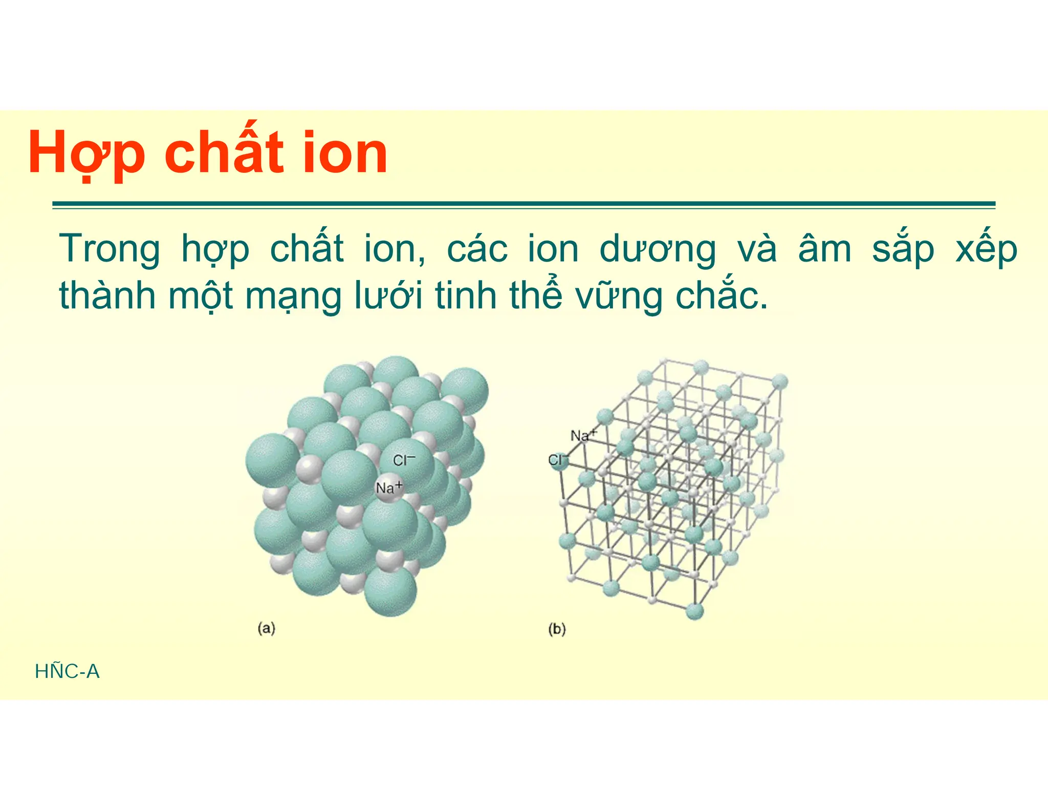 HÑC-A
Hợp chất ion
Trong hợp chất ion, các ion dương và âm sắp xếp
thành một mạng lưới tinh thể vững chắc.
 