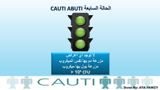 Done By: AYA FAWZY
‫أعراض‬ ‫أي‬ ‫توجد‬ ‫ال‬
‫الميكروب‬ ‫نفس‬ ‫بها‬ ‫دم‬ ‫مزرعة‬
‫ميكروب‬ ‫بها‬ ‫بول‬ ‫مزرعة‬
> 10⁵ CFU
‫السابعة‬ ‫الحالة‬CAUTI ABUTI
 