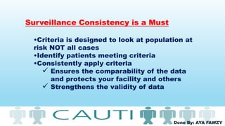 Done By: AYA FAWZY
Surveillance Consistency is a Must
•Criteria is designed to look at population at
risk NOT all cases
•Identify patients meeting criteria
•Consistently apply criteria
 Ensures the comparability of the data
and protects your facility and others
 Strengthens the validity of data
 