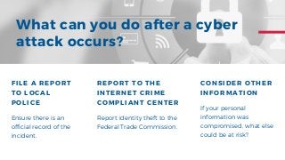 What can you do after a cyber
attack occurs?
FILE A REPORT
TO LOCAL
POLICE
Ensure there is an
official record of the
incident.
REPORT TO THE
INTERNET CRIME
COMPLIANT CENTER
Report identity theft to the
Federal Trade Commission.
CONSIDER OTHER
INFORMATION
If your personal
information was
compromised, what else
could be at risk?
 