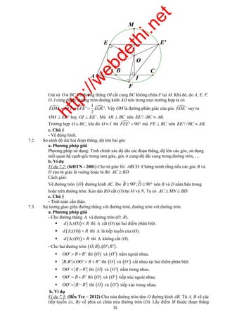 http://webdethi.net 
Công ty Cổ phần Megastudy Hocmai.vn 
M 
E' 
O 
B C 
E 
A I 
F 
Giả sử OBC và đường thẳng OI cắt cung BC không chứa F tại M. Khi đó, do A, E, F, 
O, I cùng thuộc đường tròn đường kính AO nên trong mọi trường hợp ta có 
   1 
EOM  EFI  EFE'  EOE Vậy OM là đường phân giác của góc EOE' suy ra 
15 megatest.vn 
'. 
2 
OM  EE' hay OI  EE'. Mà OI  BC nên EE'/ /BC  AB. 
Trường hợp OBC, khi đó O  I thì FEE'  90 mà FE  BC nên EE'/ /BC  AB. 
c. Chú ý 
- Vẽ đúng hình. 
7.2. So sánh độ dài hai đoạn thẳng, độ lớn hai góc 
a. Phương pháp giải 
Phương pháp sử dụng: Tính chính xác độ dài các đoạn thẳng, độ lớn các góc, sử dụng 
mối quan hệ cạnh-góc trong tam giác, góc ở cung-độ dài cung trong đường tròn, … 
b. Ví dụ 
Ví dụ 7.2: (KHTN - 2001) Cho tứ giác lồi ABCD. Chứng minh rằng nếu các góc B và 
D của tứ giác là vuông hoặc tù thì AC  BD. 
Cách giải: 
Vẽ đường tròn O đường kính AC. Do B  90,D  90 nên B và D nằm bên trong 
hoặc trên đường tròn. Kéo dài BD cắt (O) tại M và N. Ta có AC MN  BD. 
c. Chú ý 
- Tính toán cẩn thận. 
7.3. Sự tương giao giữa đường thẳng với đường tròn, đường tròn với đường tròn 
a. Phương pháp giải 
- Cho đường thẳng  và đường tròn (O; R). 
 d ;(O)  R thì  cắt (O) tại hai điểm phân biệt. 
 d ;(O)  R thì  là tiếp tuyến của (O). 
 d ;(O)  R thì  không cắt (O). 
- Cho hai đường tròn O;R, O';R' . 
 OO'  R R' thì O và O' nằm ngoài nhau. 
 R-R' <OO'  R  R' thì O và O' cắt nhau tại hai điểm phân biệt. 
 OO'  R  R' thì O và O' nằm trong nhau. 
 OO'  R R' thì O và O' tiếp xúc ngoài nhau. 
 OO'  R  R' thì O và O' tiếp xúc trong nhau. 
b. Ví dụ 
Ví dụ 7.3: (Bến Tre – 2012) Cho nửa đường tròn tâm O đường kính AB. Từ A, B vẽ các 
tiếp tuyến Ax, By về phía có chứa nửa đường tròn (O). Lấy điểm M thuộc đoạn thẳng 
 