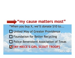 my cause matters most
When you buy X, well donate $10 to...
   United Way of Greater Providence
   Foundation for Better Recycling
   Police Benevolent Association of Texas
  [MY NIECES GIRL SCOUT TROOP]
 