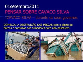 01setembro2011
PENSAR SOBRE CAVACO SILVA
  CAVACO SILVA – durante os seus governos
COMEÇOU A DESTRUIÇÃO DAS PESCAS com o abate de
barcos e subsídios aos armadores para não pescarem.
 