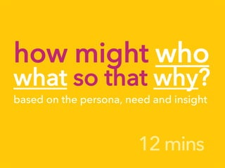 how might who
what so that why?

based on the persona, need and insight



                        12 mins
 