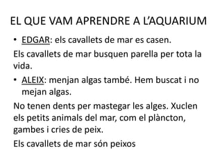 EL QUE VAM APRENDRE A L’AQUARIUM
• EDGAR: els cavallets de mar es casen.
Els cavallets de mar busquen parella per tota la
vida.
• ALEIX: menjan algas també. Hem buscat i no
mejan algas.
No tenen dents per mastegar les alges. Xuclen
els petits animals del mar, com el plàncton,
gambes i cries de peix.
Els cavallets de mar són peixos
 