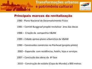 Principais marcos da revitalização
 1980 - Plano Nacional de Desenvolvimento Físico

 1985 – Comitê Burggraaf propõe revitalizar área das docas

 1988 – Criação da companhia V&AW

 1989 – Cidade aprova plano urbanístico da V&AW

 1990 – Construídos comércios no Pierhead (projeto piloto)

 2002 – Expansão com residências, hotéis, lojas e serviços

 2007 – Conclusão das obras da 6ª fase

 2010 – Construção de estádio (Copa do Mundo) a 800 metros
 