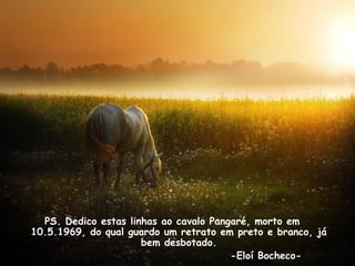 PS. Dedico estas linhas ao cavalo Pangaré, morto em
10.5.1969, do qual guardo um retrato em preto e branco, já
bem desbotado.
-Eloí Bocheco-
 