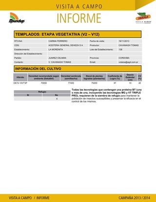 TEMPLADOS: ETAPA VEGETATIVA (V2 – V12)
RTV/AA:

CARINA FERRERO

Fecha de visita:

19/11/2013

CDS:

ACEITERA GENERAL DEHEZA S A

Productor:

CAVANAGH TOMAS

Establecimiento:

LA MORENITA

Lote del Establecimiento:

138

Partido:

JUAREZ CELMAN

Provincia:

CORDOBA

Contacto:

V. CAVANAGH TOMAS

Email:

votaiza@agd.com.ar

Dirección del Establecimiento:

INFORMACIÓN DEL CULTIVO
Densidad recomendada según Densidad sembrada
ambiente (Dekalb®)
(semillas/ha)

Híbrido
DK72-10VT3P

70000

77400

Refugio
Si

No
X

Stand de plantas
logradas (plantas/ha)

Coeficiente de
Logro (%)

Desvío
Estándar
(cm)

CV
(%)

75200

97

10

40

Todas las tecnologías que contengan una proteína BT (una
o más de una, incluyendo las tecnologías MG y VT TRIPLE
PRO), requieren de la siembra de refugio para mantener la
población de insectos susceptibles y preservar la eficacia en el
control de los mismos.

 