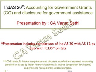 2015
1
IndAS 20*: Accounting for Government Grants
(GG) and disclosure for government assistance
Presentation by : CA Varun Sethi
*Presentation includes comparison of Ind AS 20 with AS 12, as
also with ICDS** on GG
**ICDS stands for Income computation and disclosure standard and represent accounting
standards as issued by Indian revenue authorities for income computation for (income)
corporate and non-corporate taxation purposes.
 