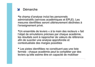 Démarche

•le champ d’analyse inclut les personnels
administratifs (services académiques et EPLE). Les
mesures identifiées seront ultérieurement déclinées à
l’enseignement privé.

•Un ensemble de leviers « à la main des recteurs » fait
l’objet de simulations précises par chaque académie,
les résultats sont à rapprocher de valeurs de référence
afin de susciter une analyse approfondie et
contextualisée des marges possibles

• Les pistes identifiées ne constituent pas une liste
fermée : chaque académie peut la compléter par des
leviers qu’elle estime être en capacité de mobiliser
                                                          6
 