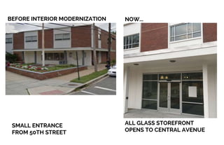 BEFORE INTERIOR MODERNIZATION
SMALL ENTRANCE
FROM 50TH STREET
NOW...
ALL GLASS STOREFRONT
OPENS TO CENTRAL AVENUE
 