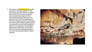  The discovery of the Lascaux cave was also
the result of a fortuitous accident. In 1940,
when France was under German occupation
during World War Two, seven young boys
were out walking their dogs when they
discovered the opening to the cave on the
property of the Count of La Rochefoucauld
(they were trespassing at the time). Burrowing
their way through a partially revealed opening,
they entered the cave and, after exploring its
depths, found themselves in the beautifully
painted cavern today known as the Hall of
Bulls. The boys had unwittingly stumbled on
one of the most important prehistoric sites in
the world.
 