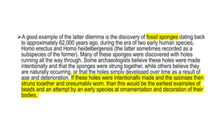 A good example of the latter dilemma is the discovery of fossil sponges dating back
to approximately 62,000 years ago, during the era of two early human species,
Homo erectus and Homo heidelbergensis (the latter sometimes recorded as a
subspecies of the former). Many of these sponges were discovered with holes
running all the way through. Some archaeologists believe these holes were made
intentionally and that the sponges were strung together, while others believe they
are naturally occurring, or that the holes simply developed over time as a result of
age and deterioration. If these holes were intentionally made and the sponges then
strung together and presumably worn, than this would be the earliest examples of
beads and an attempt by an early species at ornamentation and decoration of their
bodies.
 