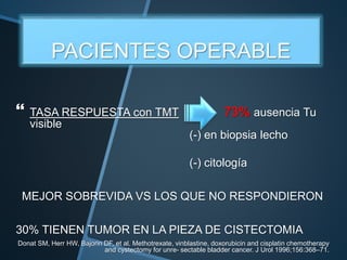  TASA RESPUESTA con TMT 73% ausencia Tu
visible
(-) en biopsia lecho
(-) citología
MEJOR SOBREVIDA VS LOS QUE NO RESPONDIERON
30% TIENEN TUMOR EN LA PIEZA DE CISTECTOMIA
Donat SM, Herr HW, Bajorin DF, et al. Methotrexate, vinblastine, doxorubicin and cisplatin chemotherapy
and cystectomy for unre- sectable bladder cancer. J Urol 1996;156:368–71.
 