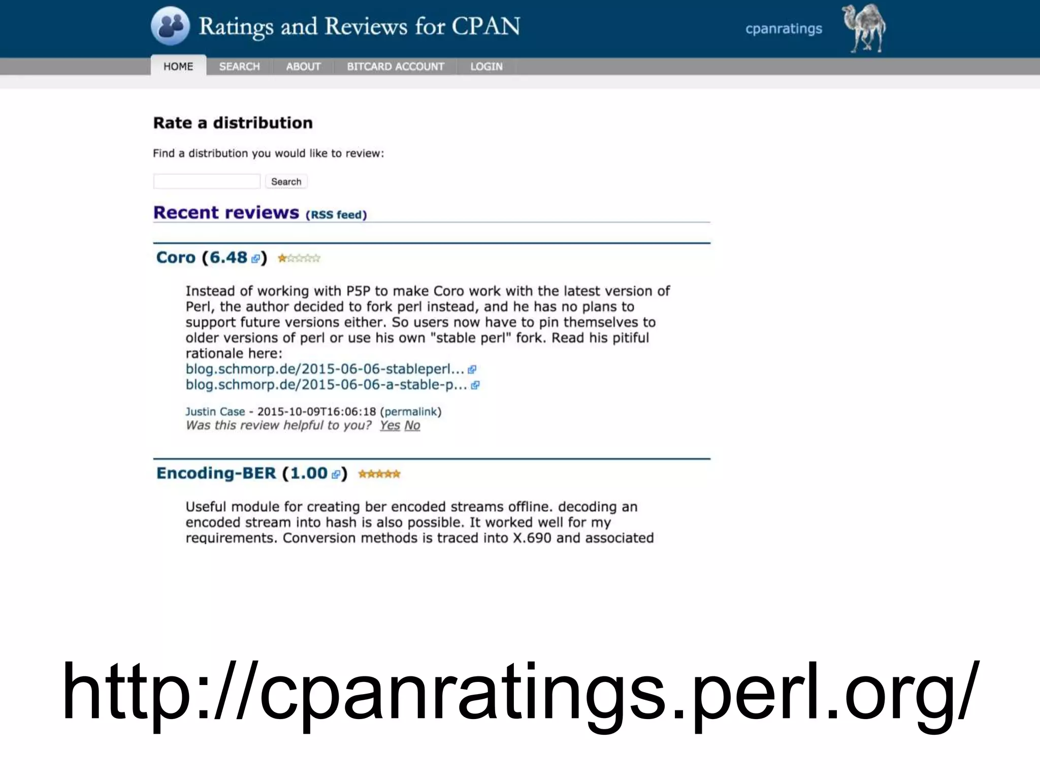 http://cpanratings.perl.org/
 