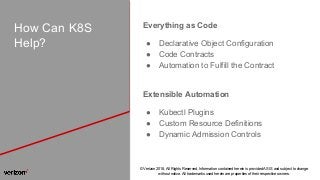 © Verizon 2018, All Rights Reserved. Information contained herein is provided AS IS and subject to change
without notice. All trademarks used herein are properties of their respective owners.
How Can K8S
Help?
Everything as Code
● Declarative Object Configuration
● Code Contracts
● Automation to Fulfill the Contract
Extensible Automation
● Kubectl Plugins
● Custom Resource Definitions
● Dynamic Admission Controls
 