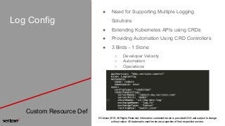 © Verizon 2018, All Rights Reserved. Information contained herein is provided AS IS and subject to change
without notice. All trademarks used herein are properties of their respective owners.
● Need for Supporting Multiple Logging
Solutions
● Extending Kubernetes APIs using CRDs
● Providing Automation Using CRD Controllers
● 3 Birds - 1 Stone
○ Developer Velocity
○ Automation
○ Operations
Log Config
Custom Resource Def
 